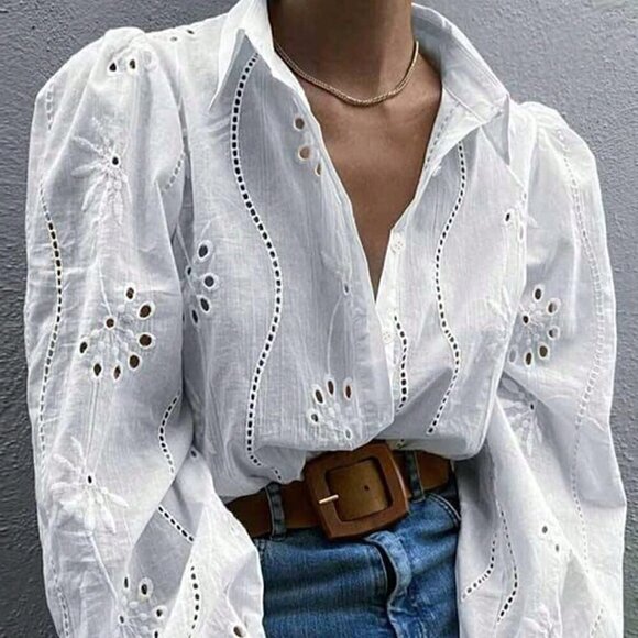 Tops - White Casual Women's Hollow Out Embroidery Button Front Long Sleeve Shirt